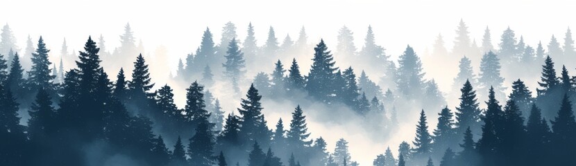 Fototapeta premium Forest Silhouette with Pine Trees and Misty Hills in Blue and Gray Shades 