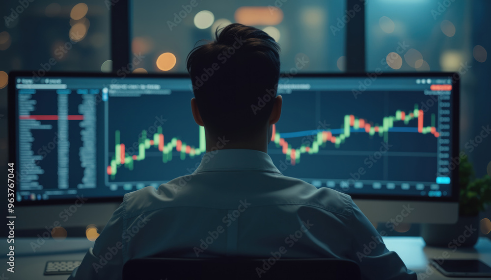 Poster financial analyst monitoring market data on multiple screens: a financial analyst monitoring market 