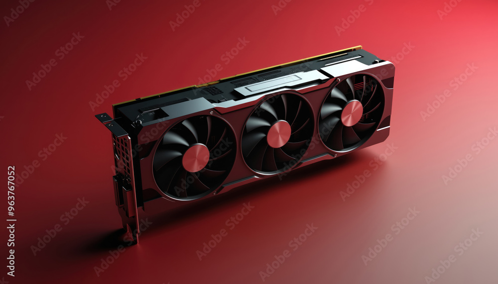 Poster triple-fan graphics card on red background: a high-performance graphics card with triple fans, place