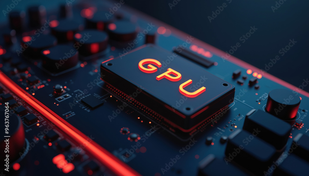 Poster gpu processor on red circuit board: a gpu processor on a red circuit board, representing powerful gr