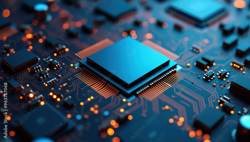 Poster blue microchip on circuit board: a blue microchip on a circuit board, surrounded by electronic compo