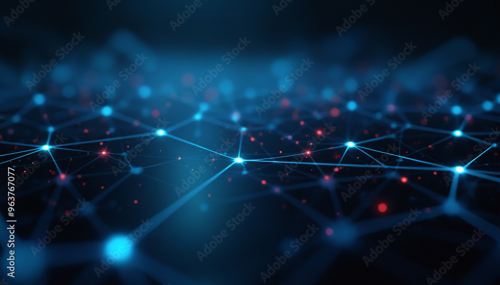 Poster flowing network grid with glowing blue nodes: a flowing network grid featuring glowing blue nodes, r