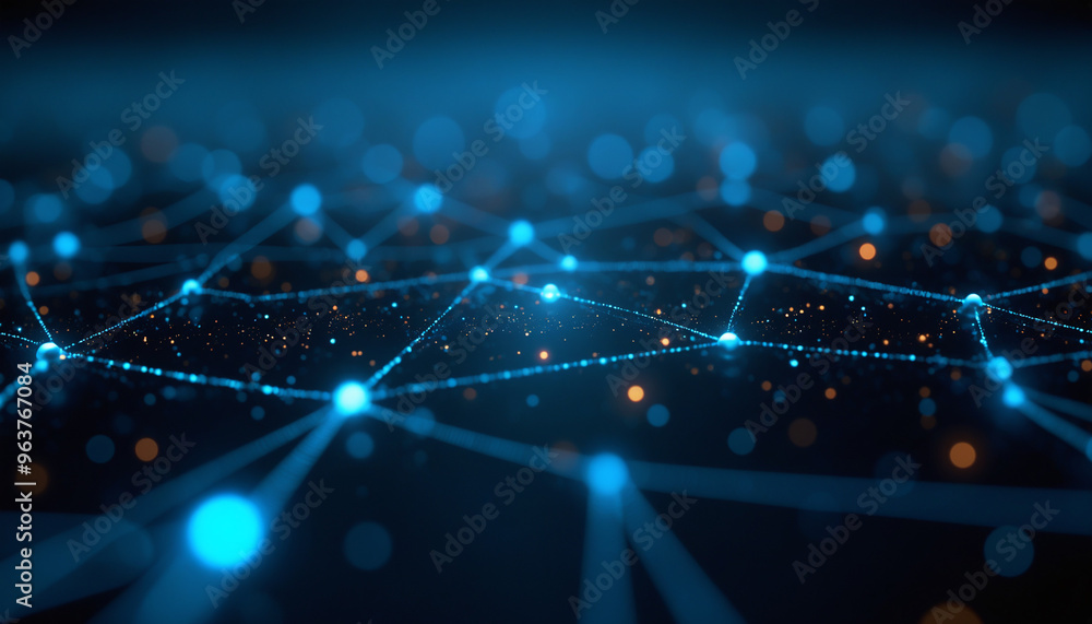 Poster illuminated network web with blue data points: an illuminated network web with glowing blue data poi