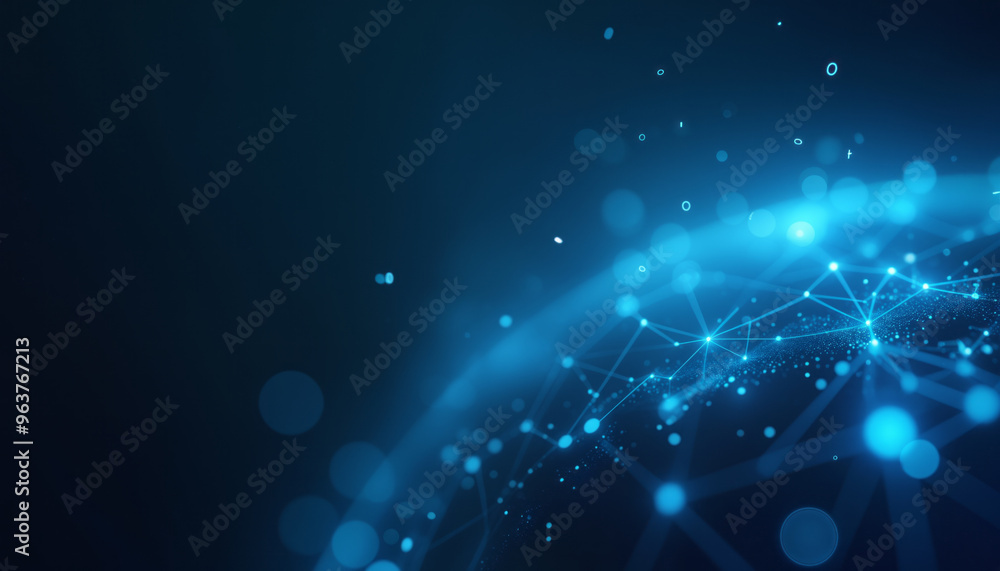 Poster connected lines and dots form a network pattern on a deep blue background, conveying a modern and te