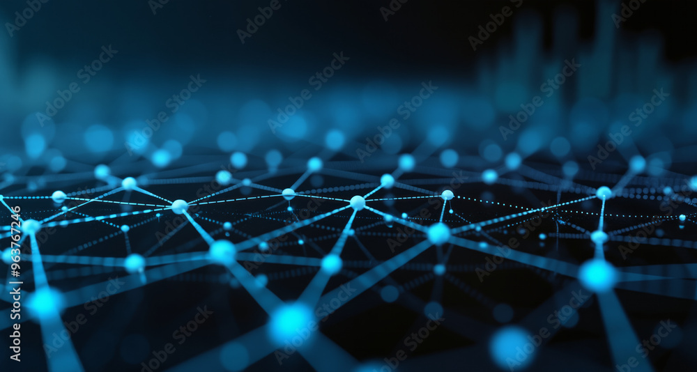 Poster a dark background with a network of blue dots and lines, representing the internet of things.