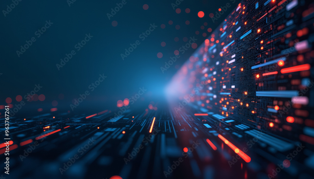 Poster digital futuristic grid , circuit with red and blue lights arranged in a grid pattern. advanced tech