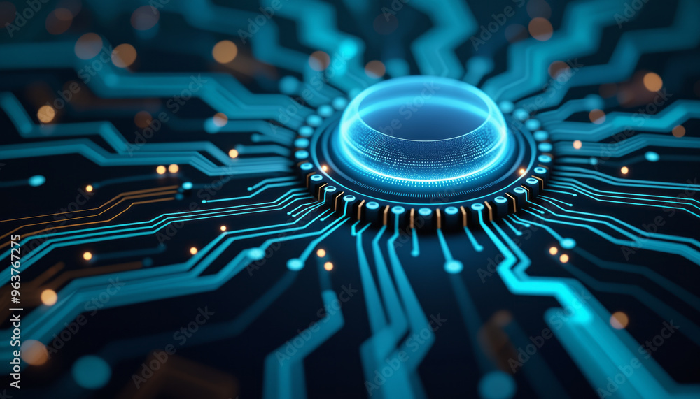 Canvas Prints a circuit board with a circular blue light design, symbolizing the connectivity and precision of ele