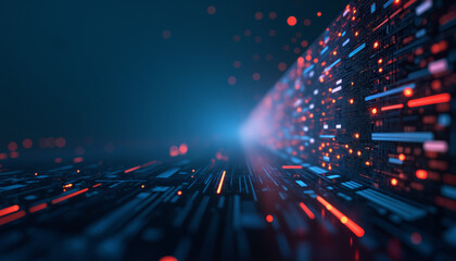digital futuristic grid , circuit with red and blue lights arranged in a grid pattern. Advanced technological environment.