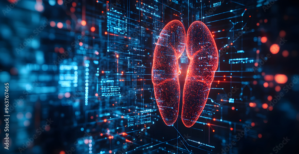 Poster a computer generated image of a pair of lungs with red and blue colors