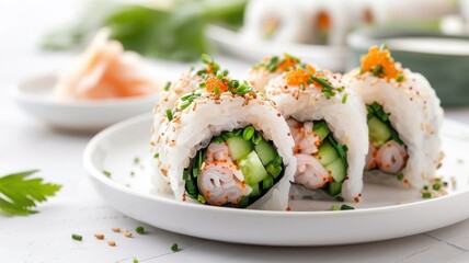 A close-up of a sushi roll filled with squid, avocado, and cucumber.