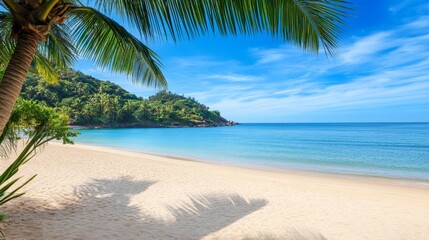 Obraz premium Tropical sea beach scene with clear turquoise water, white sandy shore and palm trees under a bright blue sky on a sunny day