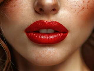 Obraz premium Close-up of a woman's lips with bright red lipstick.