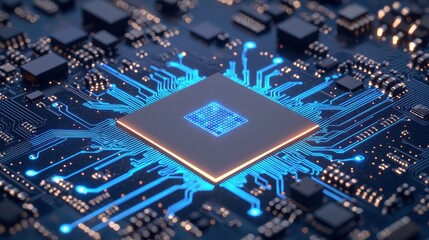 Obraz premium A computer chip is shown in a blue and orange color scheme