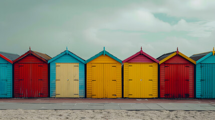 Colorful beach huts in perfect rows, lined up along a sandy shore under sunny skies.
