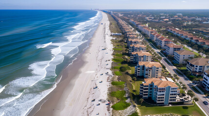 Uniform beachfront condos in a neat row along the coastline, shaded by palm trees.