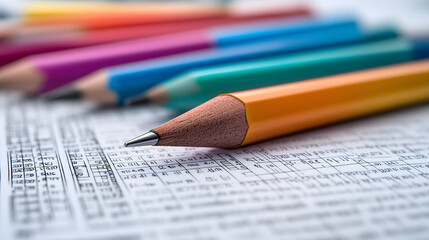 A close-up of pencils on financial documents surrounded by office supplies
