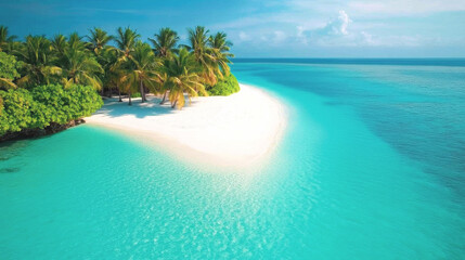 Fototapeta premium Tropical sea beach scene with clear turquoise water, white sandy shore and palm trees under a bright blue sky on a sunny day
