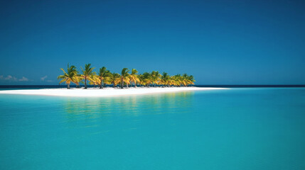 Fototapeta premium Tropical sea beach scene with clear turquoise water, white sandy shore and palm trees under a bright blue sky on a sunny day