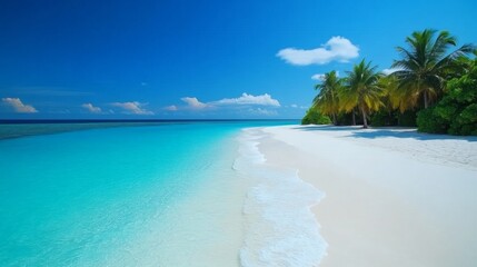 Naklejka premium Tropical sea beach scene with clear turquoise water, white sandy shore and palm trees under a bright blue sky on a sunny day