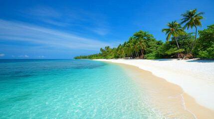 Fototapeta premium Tropical sea beach scene with clear turquoise water, white sandy shore and palm trees under a bright blue sky on a sunny day