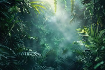 Tropical rainforest with dense foliage, nature background, lush greenery