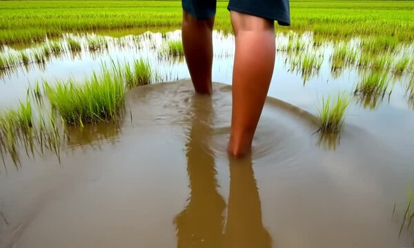 someone's feet were walking in a puddle of muddy water overgrown with grass