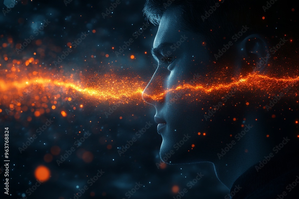 Poster visual cortex brainwave conceptual profile of two people connected by a glowing orange energy stream