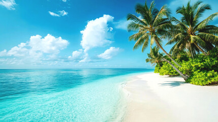 Naklejka premium Tropical sea beach scene with clear turquoise water, white sandy shore and palm trees under a bright blue sky on a sunny day