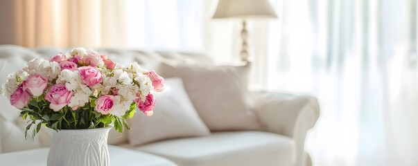 Pink and White Flower Bouquet in a White Vase on a Table in a Living Room