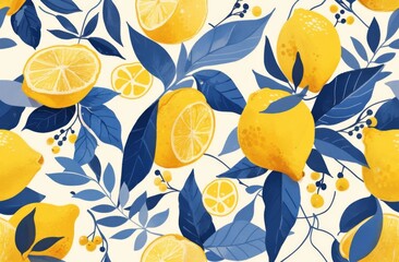 Lemon-Themed Fabric Design Featuring Lemons and Blue Leaves on a White Background