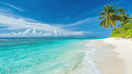 Tropical sea beach scene with clear turquoise water, white sandy shore and palm trees under a bright blue sky on a sunny day