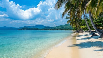 Fototapeta premium Tropical sea beach scene with clear turquoise water, white sandy shore and palm trees under a bright blue sky on a sunny day