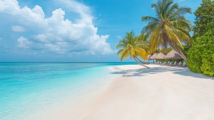 Tropical sea beach scene with clear turquoise water, white sandy shore and palm trees under a bright blue sky on a sunny day