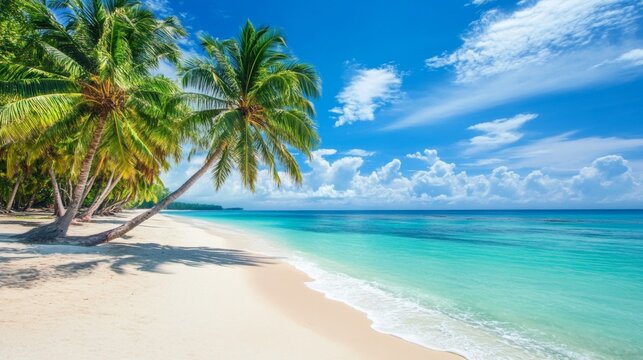 Tropical sea beach scene with clear turquoise water, white sandy shore and palm trees under a bright blue sky on a sunny day