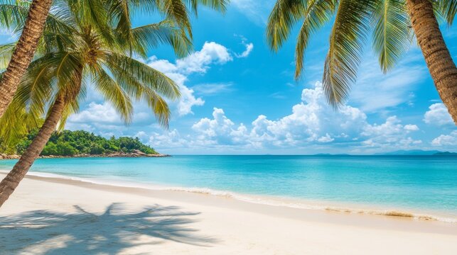 Tropical sea beach scene with clear turquoise water, white sandy shore and palm trees under a bright blue sky on a sunny day