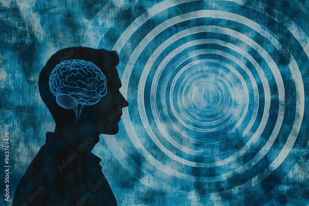 Poster cognitive productivity brainwave abstract conceptual portrait of a person with a glowing brain and g