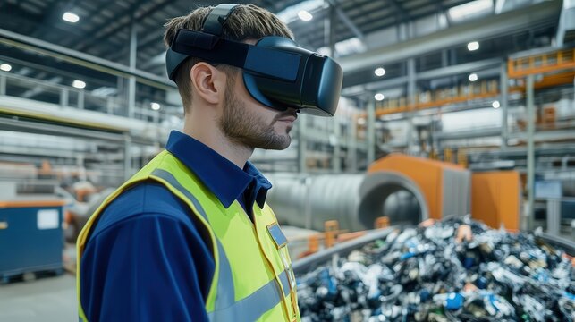 Technician using virtual reality to simulate recycling processes in a high-tech facility, virtual reality recycling, innovative training