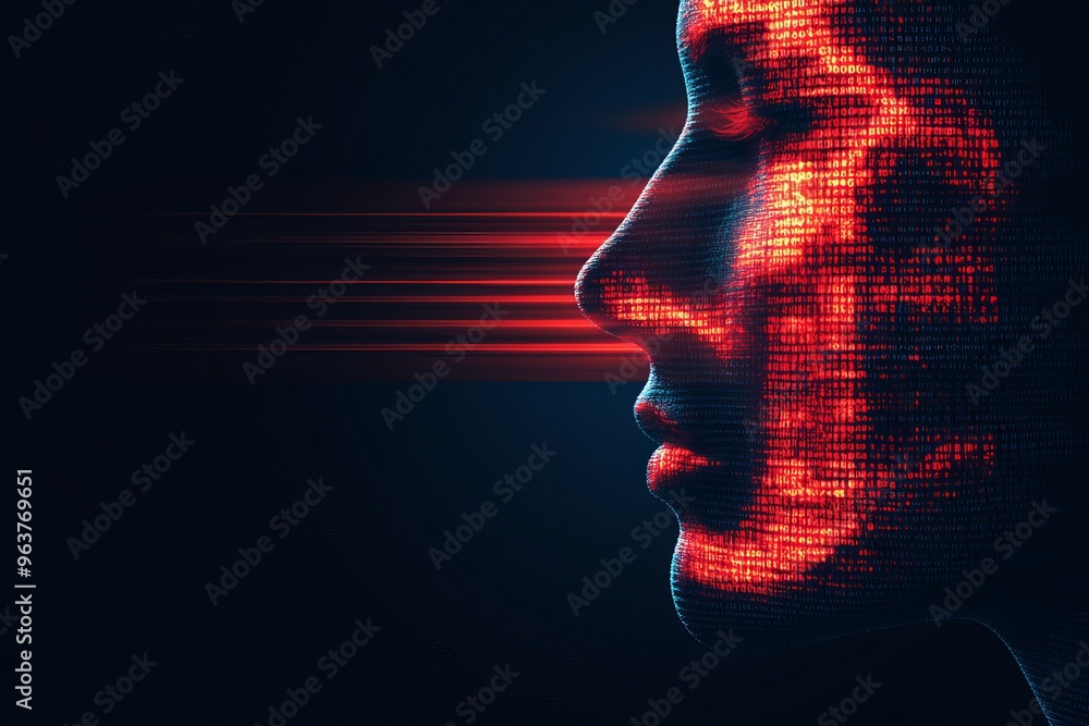 Poster mental activity brainwave futuristic portrait of a man with digital red data streams symbolizing the
