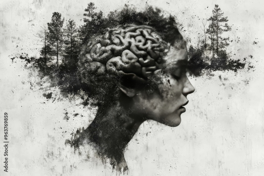 Poster brain processes brainwave abstract portrait of a woman with tree like brain patterns symbolizing cre
