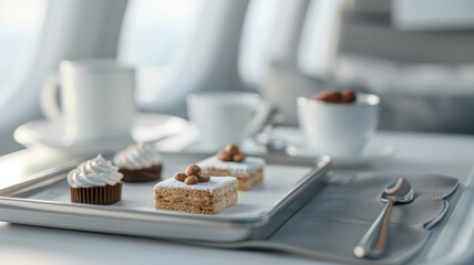 A close-up of a dessert tray on an airplane with miniature pastries and chocolates.