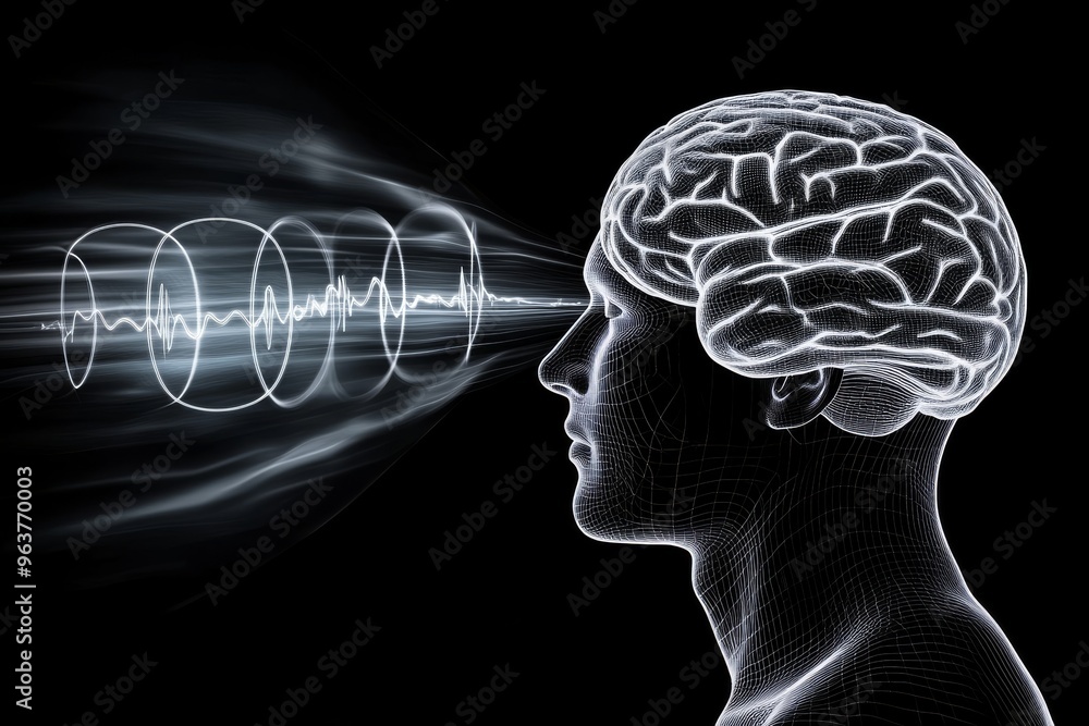 Poster neural signaling brainwave surreal conceptual profile of a person with glowing neural lines symboliz