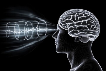 Obraz premium Neural signaling Brainwave Surreal conceptual profile of a person with glowing neural lines symbolizing the transmission of ideas cognitive expansion and visionary thinking
