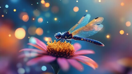 A dragonfly with iridescent wings rests on a pink flower.