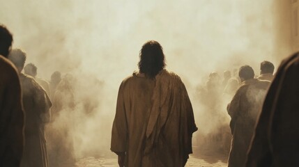 Jesus walking through mist with minimal detail. Rear view.