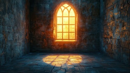 Fototapeta premium A mystical interior featuring a large stone window, illuminating the room with warm sunlight and creating enchanting shadows.