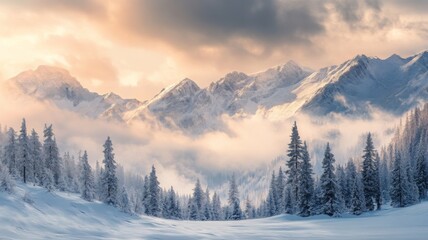 Winter Landscape Featuring Snow-Capped Mountains Against a Clear Sky