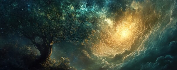 Fototapeta premium A mystical tree under a cosmic sky, featuring vibrant colors and swirling clouds, evoking a sense of wonder and tranquility.