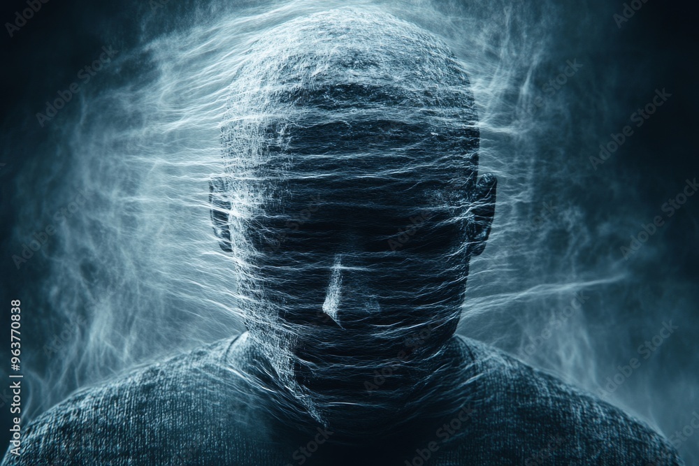 Poster cognitive resilience brain impulse surreal portrait of a man wrapped in clouds symbolizing mental is
