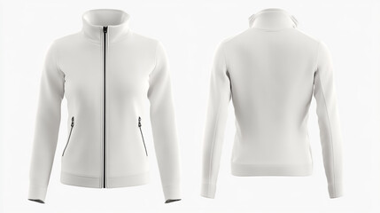 Minimalist plain white jacket on bright white background showcasing front and back sides. Clothing display concept