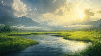 A serene landscape showcasing a calm river, lush green grass, and majestic mountains under a bright, sunny sky.